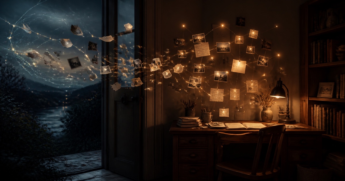 Photographs and handwritten notes returning from a cold network into a warm home study.