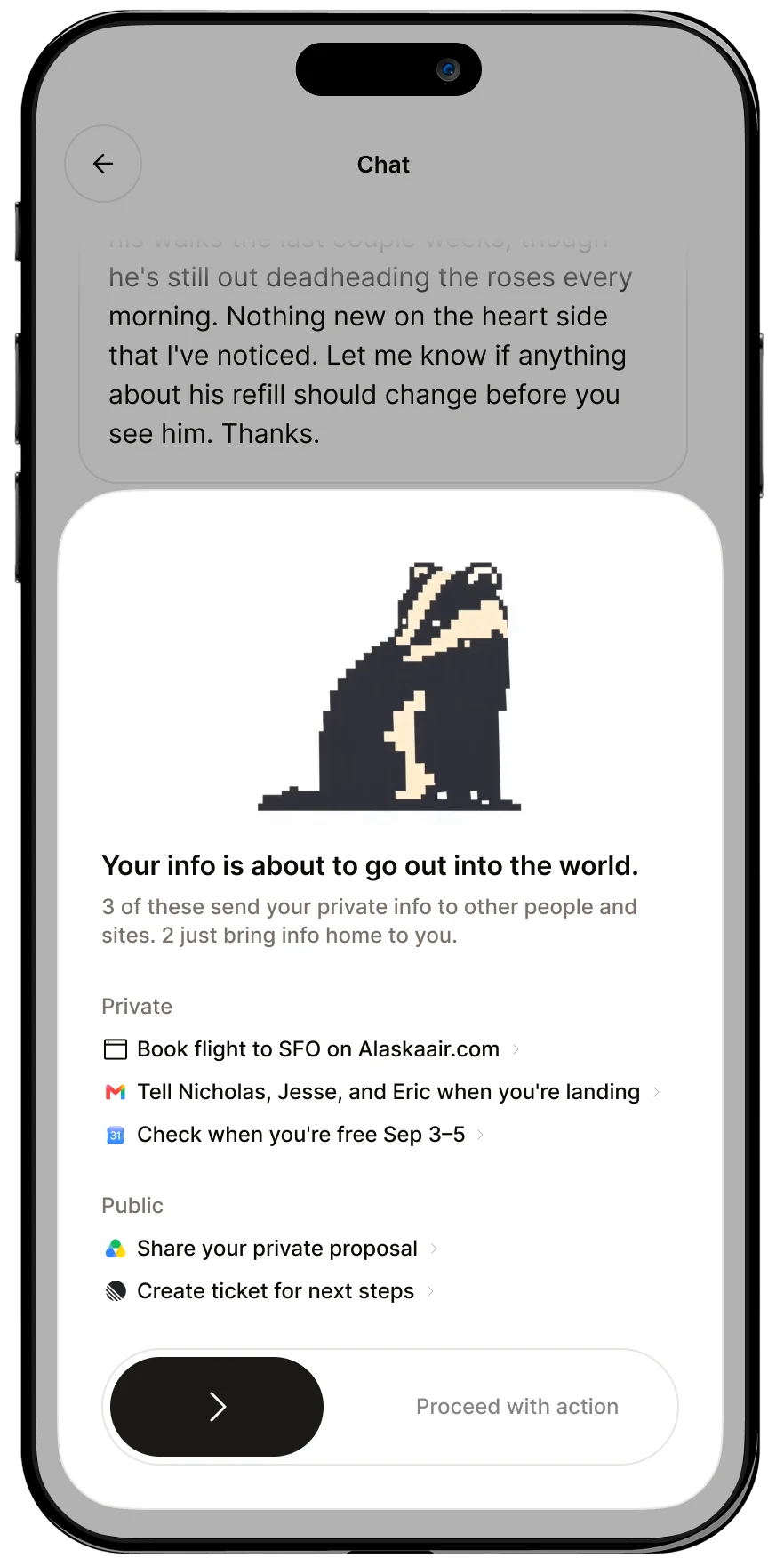 The Vora app pausing before information leaves the device: it lists three private actions and two public ones, and asks for approval before proceeding.