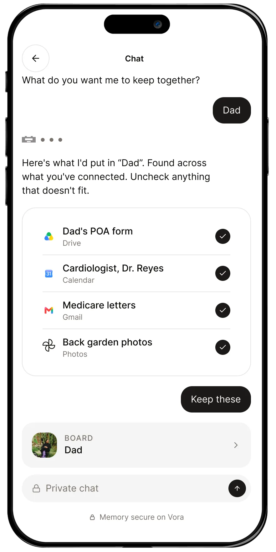 The Vora app chat assembling the Dad board from connected sources — Drive, Calendar, Gmail, and Photos — with memory secured on Vora.